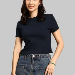 Moda Rapido Women Navy Blue Cotton Tshirts-picture-13
