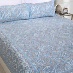 SHAHENAZ Blue & White Ethnic Motifs Cotton 120 TC Queen Bedsheet with 2 Pillow Covers-image-54