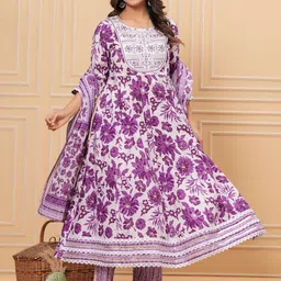 MEERA FAB Floral Embroidered Pure Cotton Anarkali Kurta With Trousers & Dupatta-image-72