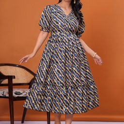 DECORIS Women Cotton Lehariya Printed Color Striped Fit & Flare Midi Dress-picture-4