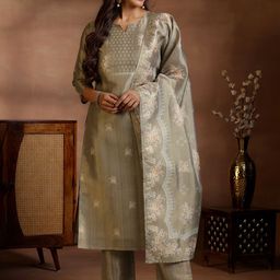 Libas Women Floral Printed Regular Sequinned Pure Silk Kurta with Trousers & With Dupatta-picture-38