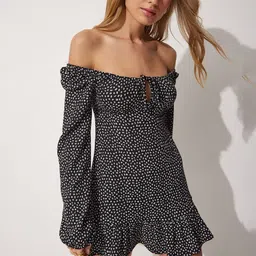 Happiness istanbul Women Polka Dot Print Off-Shoulder Fit & Flare Tiered Mini Dress-picture-7