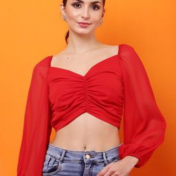 Tushita Sweetheart Neck Puff Sleeve Georgette Blouson Crop Top-image-63