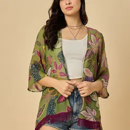 Azira Floral Printed Tasselled Georgette Open Front Shrug-9