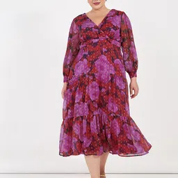 Styli Women Plus V-Neck Cuff Sleeves Tiered Midi Dress-picture-54