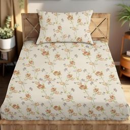 IVAZA Cream-Coloured & Brown Floral 350 TC Single Bedsheet with 1 Pillow Covers-image-91