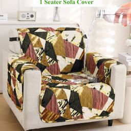 HOKIPO Burgundy & Green Abstract Printed Waterproof 1 Seater Sofa Cover With Arms-47