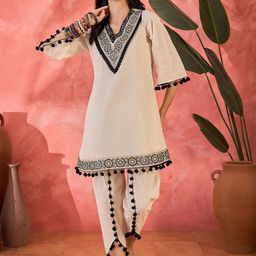 Sangria Floral Embroidered V-Neck A-Line Kurta With Dhoti Pant & Bag-image-41