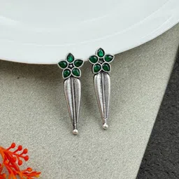 NAMAN ARTS Silver-Plated Stones Studded & Beaded Floral Shaped Oxidised Drop Earrings-image-8