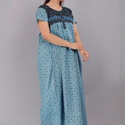 AAKARSHANA Blue Pure Cotton Maxi Printed Nightdress-image-52