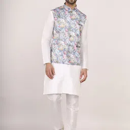 Sadree Band Collar Straight Dupion Silk Kurta With Churidar & Nehru jacket-picture-13