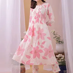 Fourleaf Floral Printed Round Neck Pure Cotton A-Line Kurta With Trousers-11
