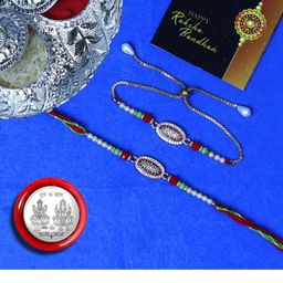 Premium Bhaiya Bhabhi Lumba Rakhi Set with chocolates (36 GM ), roli , chaval and greeting card.-image-60