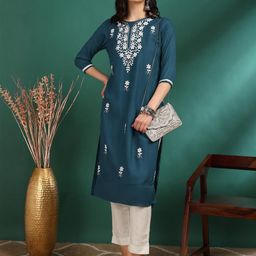 Moda Rapido Women Teal Viscose Rayon Kurta Sets-picture-18