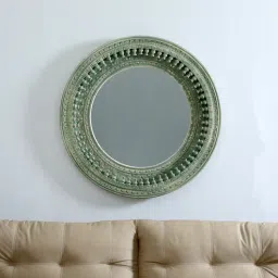 wooden home Mango Wood Round Carving Decorative Wall Mirror in Green Distress Finish-picture-40