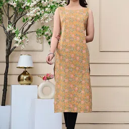 RI AND SU Floral Printed Kantha Work Sleeveless Cotton Straight Kurta-image-69