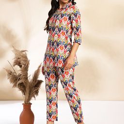 KALINI Ikat Printed Pure Pure Cotton Top & Trousers Co-Ord Set-26