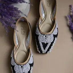 JM Looks Women Zardosi Beads Work Jutti Embllished Mojari Bellies Slip-On Shoes-image-25