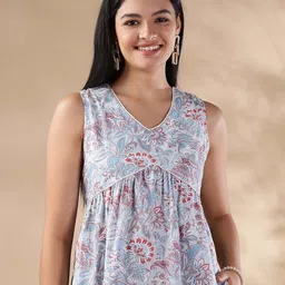 Anouk Floral Printed V-Neck Sleeveless Pure Cotton A-Line Kurti-picture-4