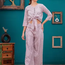 JC4U Women Printed V-Neck Three-Quarter Sleeves Pure Cotton Top With Trouser-image-39
