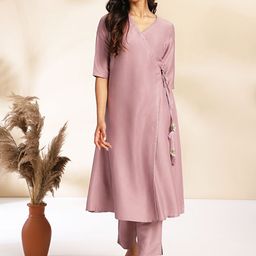 KALINI Solid Angrakha V-Neck A-Line Kurta With Trousers-image-1