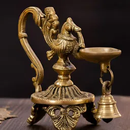 The Advitya Gold-Toned Peacock Diya With Bell Pooja Essential-15