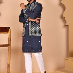 Jompers Geometric Embroidered Mandarin Collar Sequinned Kurta With Pyjama & Nehru Jacket image 4