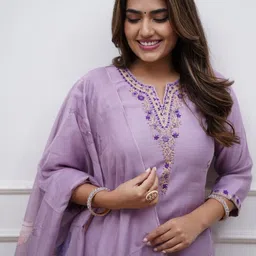 URMIR FASHION Women Lavender Embroidered Regular Kurta with Trousers & With Dupatta-image-95