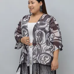 PURYS PLUS Abstract Printed Tasselled Regular Shrug image 4