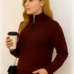 Moda Rapido Women Maroon Solid Mock Collar Long Sleeves Casual Front-Open Sweatshirt-picture-13