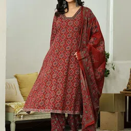 Yufta Women Ethnic Motifs Embroidered Regular Sequinned Pure Cotton Kurta with Trousers & With Dupatta-image-74