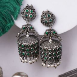 Sangria Green Silver-Plated Artificial Stones Studded & Pearls Beaded Oxidised Jhumkas-90