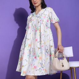 HIVA TRENDZWomen Floral Print Puff Sleeve A-Line Dress-image-14
