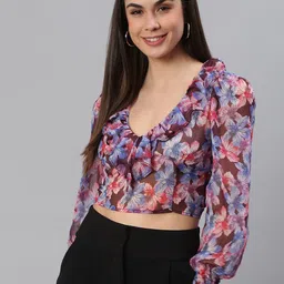 Moda Rapido Floral Print Puff Sleeve Chiffon Wrap Crop Top-image-26