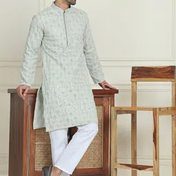 Anouk Pista Green Geometric Embroidered Sequinned Mandarin Collar Kurta With Pyjamas-picture-3