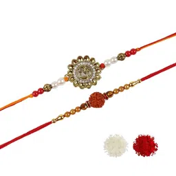 Asthetika Set Of 2 Artificial Stones Studded & Beaded Om Rudraksha Rakhis With Roli Chawal image 3