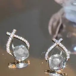 FIMBUL Gold-Plated Cubic Zirconia Studded Contemporary Shaped Drop Earrings-6