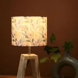 green girgit Brown & White Printed Cylindrical Shaped Wooden Table Lamp With Bulb-2