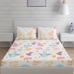 RIDHAAN White & Purple Floral 220 TC Cotton Queen Bedsheet with 2 Pillow Covers-image-51