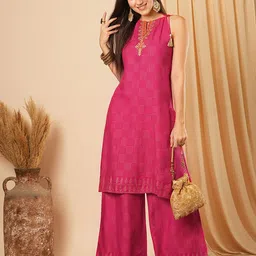 Globus Printed Keyhole Neck Thread Work Straight Kurta With Trousers-picture-57