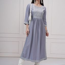 Vishudh Floral Embroidered Round Neck Sequinned Pleated A-Line Kurta-picture-7