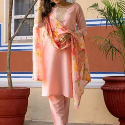 Navlik Floral Embroidered Straight Thread Work Kurta With Trousers And Dupatta-56
