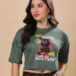 RANGRIWAZ Women Printed Linen Drop-Shoulder Sleeves Relaxed Fit Crop T-shirt-image-6
