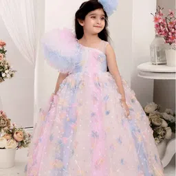 Lagorii Girls Floral Asymmetric Neck Ruffle Net Fit & Flare Maxi Dress-52