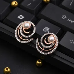 Anvik Rose Gold-Plated American Diamond & Pearls Studded Circular Studs-image-21