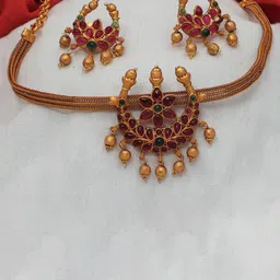 Diksha collection Brass-Plated Stone Studded & Beaded Matte Finish Jewellery Set-image-75