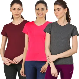 Pack of 3 Women Solid V Neck Cotton Blend Maroon, Pink, Grey T-Shirt-image-67