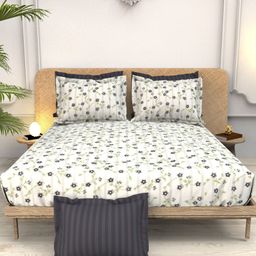 THE WHITE MOSS White & Blue Floral 220 TC King Bedsheet with 4 Pillow Covers-96