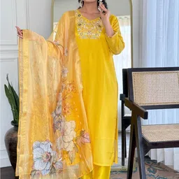 DIVASTRI Women Floral Embroidered Regular Thread Work Kurta with Trousers & With Dupatta-image-54