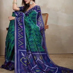 HERE&NOW Blue Printed Cotton Blend Chanderi Sarees-picture-11